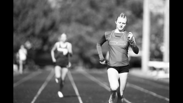 Jones County’s BreAna Aske takes first in the final heat of the girls 400-meters with a time of 59.84 seconds during the Gregory Invite Friday, April 10, 2026 in Gregory. Photo by Rodney Haas, 605 Sports