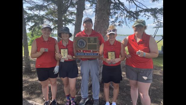 2021 State Class B Runner-Up Mary Carmichael, Greta Anderson, Coach Jeffrey Johnson, Allison Kahler, Ella Anderson.