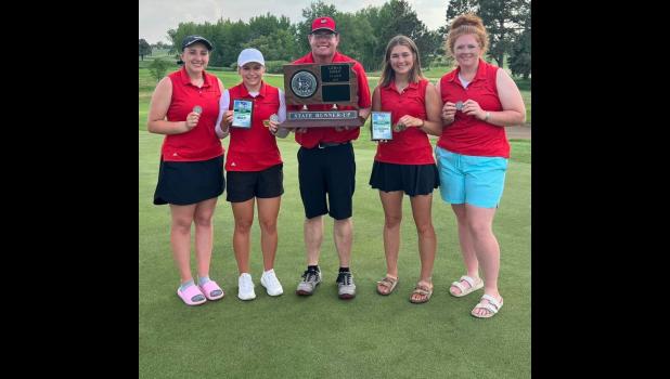 2023 State Class B Runner-Up Mary Carmichael, Allison Kahler, Coach Jeffrey Johnson, Greta Anderson, Ella Anderson.