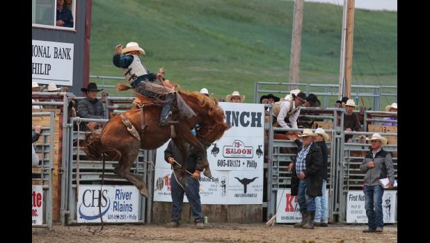 Ty Manke knew he was on a wild one, right out of the gate, and ended up getting a little sideways later in the ride. Manke scored a 75 on this beast and made it to the short round of the Philip Matched Bronc Ride this past Saturday evening.