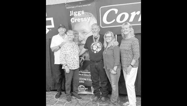 Jiggs Cressy gets inducted into the Sturgis Motorcycle Museum’s Hall of Fame. From left to right; Warren and Dorothy Melcher, Jiggs Cressy, Jeri Jo Antes, and Robin Eddy. Courtesy Photo