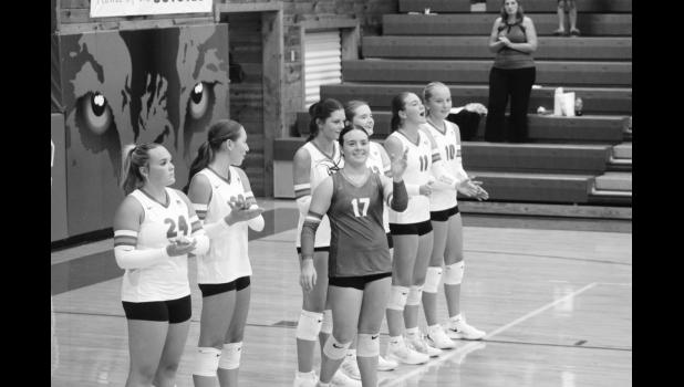 Jones County hosted Sully Buttes for the first volleyball game of the season on Tuesday, August 26. Results on page 4. Varsity players are introduced before the game. L-R; Natalie Sealey, Mallory Venard, Maggie Dowling, Addison Rankin, Jacey Jensen, Aubrey Tucker, and Sunny Valburg. Photo by Mishayla Buchannan
